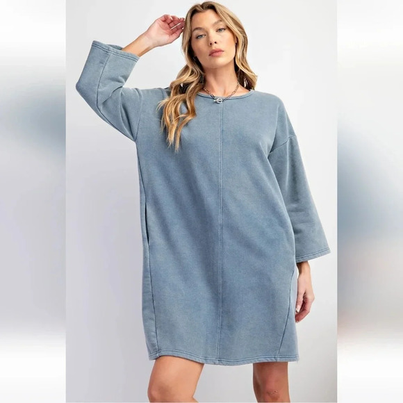 New Easel Blue Mineral Washed Terry Knit Dress - Picture 3 of 6